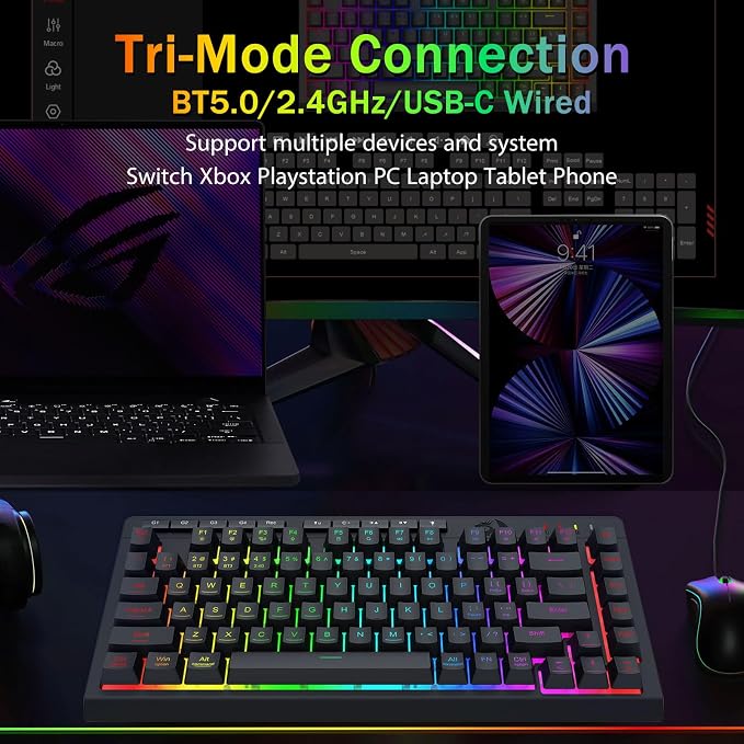 Redragon Wireless Gaming Keyboard, RGB Backlit, Portable 75% Design, Black | Bluetooth/2.4GHz/USB-C Wired, Mini Quiet Macro Membrane Keyboard, Rechargeable 4000mAh Battery, Anti-Ghosting for Win/MAC - Image 3
