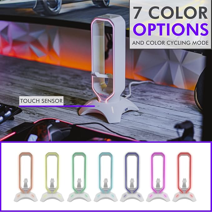 Tilted Nation Gaming Headphone Stand | RGB Headset Stand White | Headset Holder for Desk with Mouse Bungee and USB Hub | The Ultimate Gaming Accessories for Gamers for PS5, Xbox, PC - White - Image 4