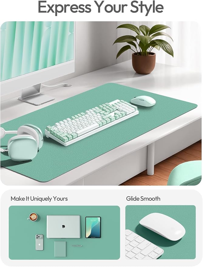 YSAGi Leather Desk Pad Protector, Office Desk Mat, Large Mouse Pad, Non-Slip PU Leather Desk Blotter, Laptop Desk Pad, Waterproof Desk Writing Pad for Office and Home (Green-Blue,55" x 24") - Image 3
