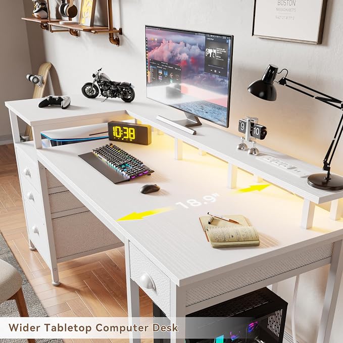 Furologee 60" White Computer Desk with 4 Drawers, Power Outlet, LED Lights | Home Office Desk with Full Monitor Stand,Storage Shelves, 4 File Drawers Cabinet ,Printer Space for Study Working Bedroom - Image 7