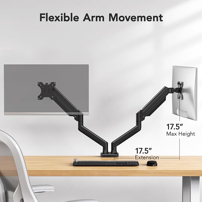 HUANUO Dual Monitor Mount for 2 Monitors up to 32 inches, Each Arm Holds Max 22lbs, Dual Monitor Stand with Advanced System, Height-Adjustable/Tilt/Swivel/Rotate, VESA Standard 75mm or 100mm - Image 4