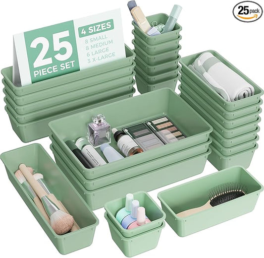 BiuLeon 25 PCS Plastic Drawer Organizers Set, 4-Sizes Vanity and Makeup Organizer, Desk and bathroom Drawer Organizer Trays, Organizers and Storage for Makeup, Jewelry, Gadgets, Utensils (Green) by Unknown