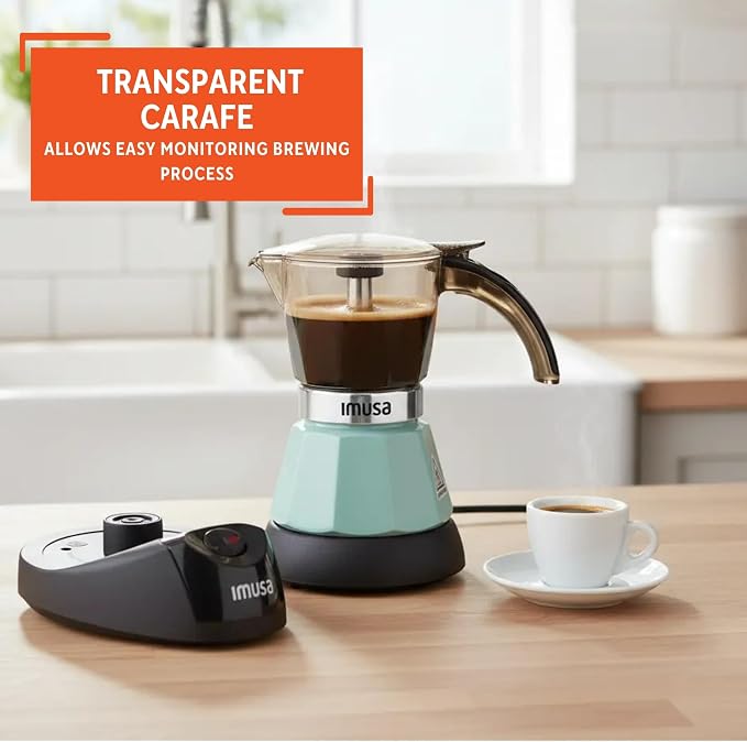 IMUSA 3 or 2 Cup Electric Espresso Maker with Cool-touch Handle, Mint | Polished Aluminum Finish, Keep Warm Function with Detachable Base, Brews Cuban and Italian Style, Perfect for Small Spaces - Image 4