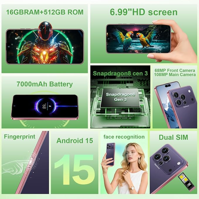 17 PMAX Unlocked Cell Phone,16GB+512GB Smartphone,6.99" HD Screen Android 15 5G Phones,Battery 7000mAh Android The Phone,Fingerprint Button Unlock/GPS/Face ID/Dual SIM/5G (Deep Purple) - Image 2
