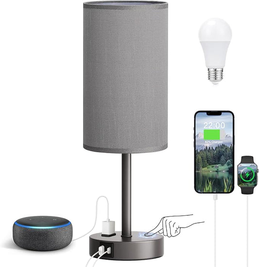 Fenmzee Grey Nightstand Bedroom Lamp - 3 Way Dimmable Bedside Lamp USB C A Charging Ports and AC Outlet, Small Table Lamp Linen Lampshade for Office Desk by Fenmzeelighting
