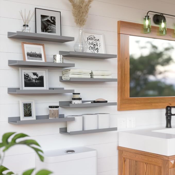 RICHER HOUSE 8 Set Floating Wall Mounted Shelves, Nursery Hanging Book Shelves with Lip for Storage, Gray Display Picture Ledge Shelf for Bedroom Bathroom Kitchen Living Room Wall Decor, Modern Grey | Display Picture Ledge Shelf, Anti-drop lip Shelf fo... - Image 4