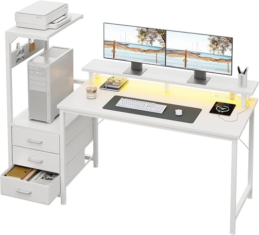 AODK 59 Inch Gaming Desk with USB Charging Ports & LED Light- Reversible Computer Desk with Storage Shelves & Monitor Stand, Modern Gamer Desk Table with Fabric Drawers, White by AODK