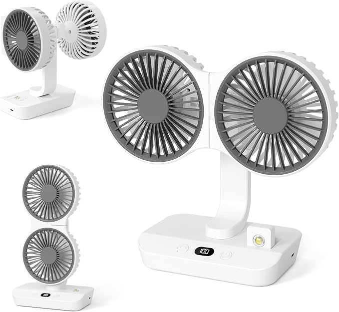 Morelax Dual Head Desk Fan with LED Light, USB Rechargeable Portable Mini Fan, Quiet Desktop & Wall-Mounted Fan, Multi-Angle Rotation, 4 Speeds, for Bedroom, Home, Office, Camping by Morelax