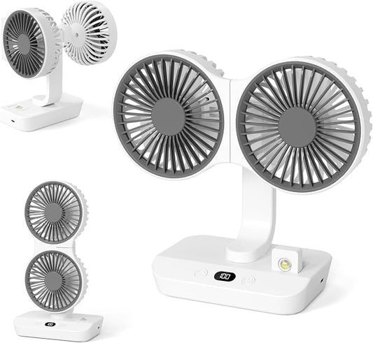 Morelax Dual Head Desk Fan with LED Light, USB Rechargeable Portable Mini Fan, Quiet Desktop & Wall-Mounted Fan, Multi-Angle Rotation, 4 Speeds, for Bedroom, Home, Office, Camping by Morelax