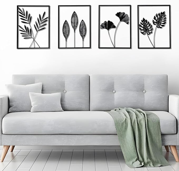 QXSXKJ Metal Wall Art, Black Frame Decor 4pack Modern Farmhouse Decor, 3d Metal Wall Ginkgo Art With Lamp for Living Room, Bedroom, Kitchen, Office (without light 17x12) - Image 2