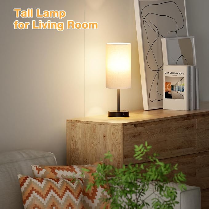 Dicoool 17.4" Bedside Lamp for Bedroom - Dimmable Touch, USB A+C, AC Outlet | LED Bulb Included, 3-Way Dimmable, 17.4" Table Lamp for Living Room, Dorm, Beige Fabric Lampshade, Black Metal Base - Image 7