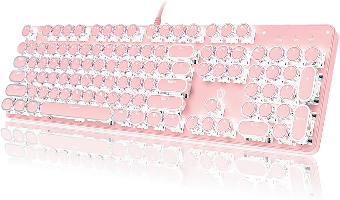 YSCP Typewriter Style Mechanical Gaming Keyboard White Backlit Wired with Blue Switch Retro Round Keycap 104 Keys Keyboard (Pink) by YSCP