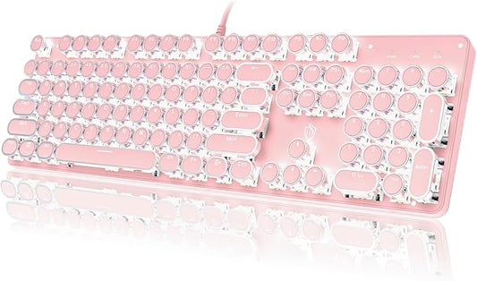 YSCP Typewriter Style Mechanical Gaming Keyboard White Backlit Wired with Blue Switch Retro Round Keycap 104 Keys Keyboard (Pink) by YSCP