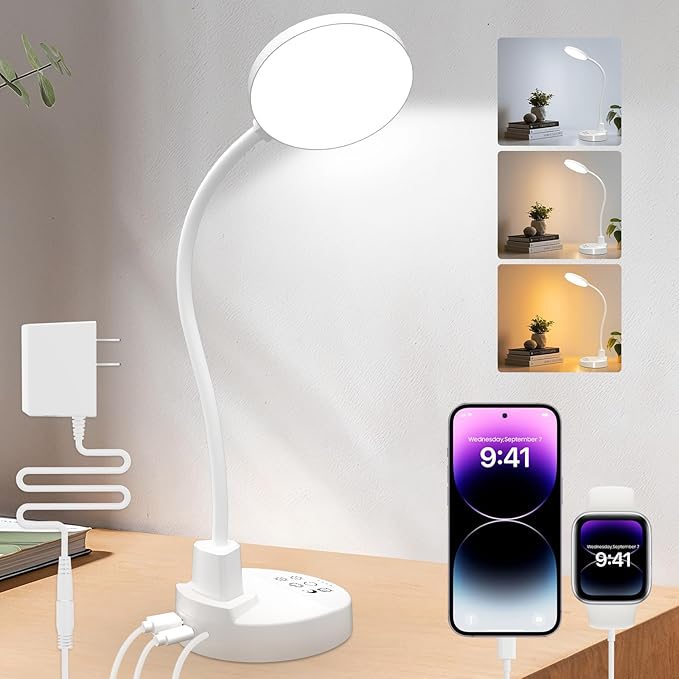 15W LED Desk Lamp with USB Charging Ports – Dimmable Table Lamp with 3 Color Temps, 5 Brightness, 4 Timers, Flexible Gooseneck Light with Base, Eye-Caring Reading Light for Home Office, Bedroom, Study by Unknown