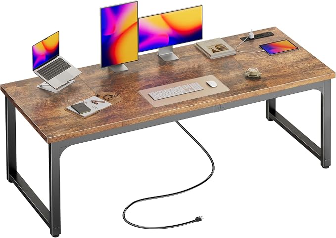 Huuger 63 x 24 inch Desk with Power Outlets & USB-C, Deeper & Thicker Desktop, Robust Metal Tubes, Computer Desk, Heavy Duty Office Desk, Work Gaming Desk, for Home Office, Rustic Brown by Huuger