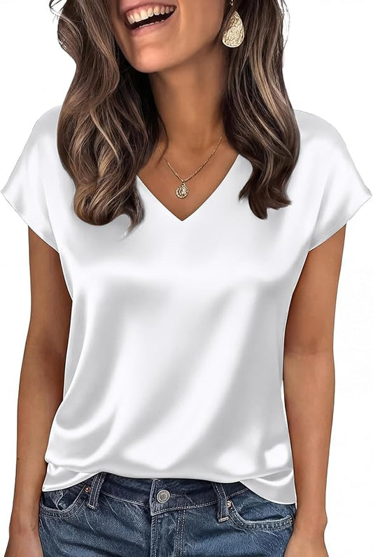WIHOLL Womens Satin Summer Tops Cap Short Sleeve Blouses V Neck Shirts Business Casual Outfits Fashion Clothing 2026 by WIHOLL