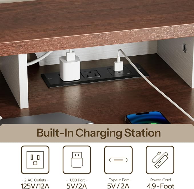 HOOBRO Farmhouse Computer Desk, Office Desk with Charging Station, Executive Desk with Monitor Stand & Adjustable Shelf, Small Desk for Small Space, Study, Living Room, White and Walnut WH85UDN01 - Image 4