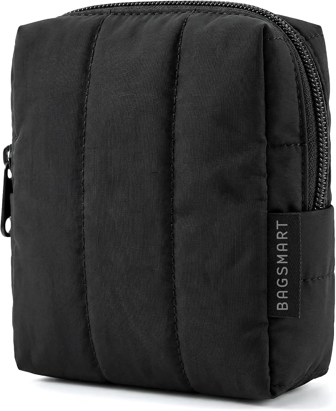 BAGSMART Small Makeup Bag for Women with Slip-in Pocket, Black | For Purse, Toiletry Pouch, Puffy Padded Mini Cosmetics Bag, Travel Essentials, Cute Make Up Pouch with Slip-in Pocket by BAGSMART