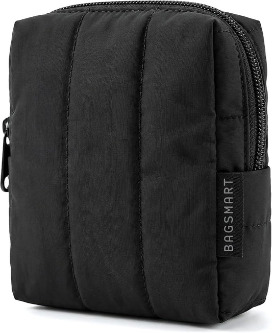 BAGSMART Small Makeup Bag for Women with Slip-in Pocket, Black | For Purse, Toiletry Pouch, Puffy Padded Mini Cosmetics Bag, Travel Essentials, Cute Make Up Pouch with Slip-in Pocket by BAGSMART
