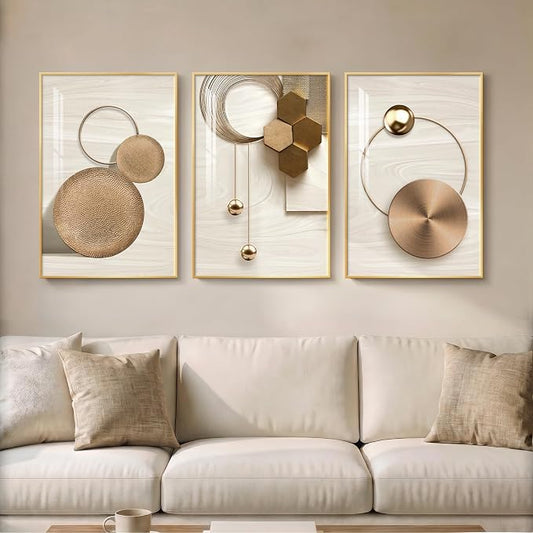 Framed Modern Luxury Gold Wall Art for Living Room, 3 Piece Bright Style Art Prints Paintings Artwork for Walls, Bronze Cirle Geometric Pictures for Dining Room Office Bedroom Hallway Wall Decor 16x24 In by Cuspin