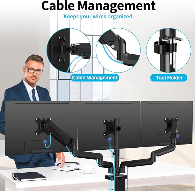 MOUNTUP Triple Monitor Mount for 17-32 inch Screens, Full Motion Triple Monitor Stand, 3 Monitors Desk Mount Holds 4.4-19.8 lbs Each, Clamp & Grommet Mounting, Black - Image 7