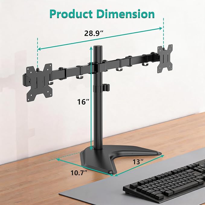 WALI Dual Monitor Stand for Desk, Monitor Stands for 2 Monitors up to 27 inch, Dual Monitors Mount Fits up to 22lbs, Free Standing Full Motion Dual Monitors Arm for Desk (MF002), Black - Image 4