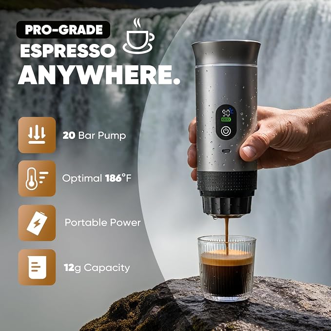 Portable Self-Heating Espresso Maker for Ground Coffee and Capsules | Rechargeable 80 ml travel coffee machine for camping, road trips and car use - Image 3