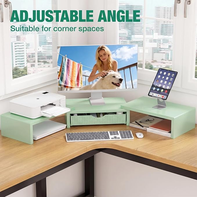 OPNICE Dual Computer Monitor Stand Riser, Desk Organizer with Drawer, Office Desk Accessories & Workspace Organizers for Home Office Supplies, Green - Image 3