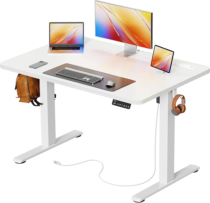 Huuger Electric Standing Desk with Power Outlets and USB-C Port, 39 X 24 Inch Height Adjustable Desk, Sit Stand Desk for Home Office, Computer & Gaming Desk with 4 Presets, Stable Steel Frame, White by Huuger