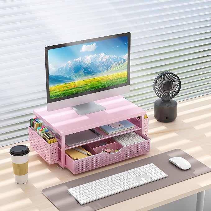gianotter Desk Organizers and Accessories, Monitor Stand with Drawer and 2 Pen Holder, Desktop Organizer Suitable for Offices and Dormitories (Pink-Plain) - Image 4