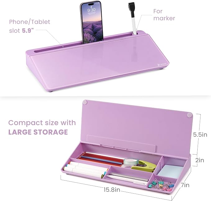 Varhomax Glass Desk Whiteboard with Storage, Desktop Organizer to-do List Memo Notepad Dry Erase White Board for Home Office and School Supplies (Purple) - Image 5