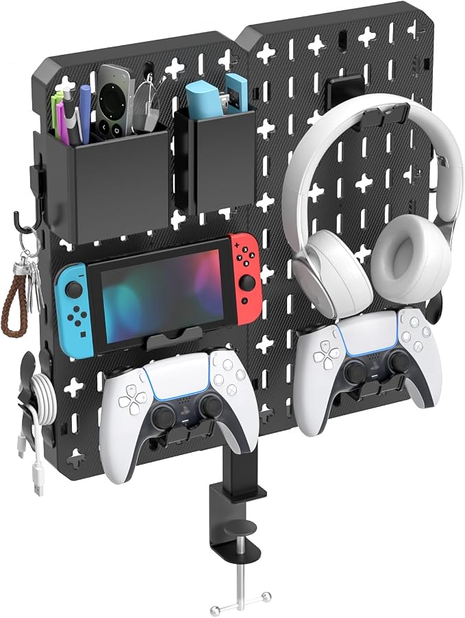 KDD 7 in 1 Clamp-on Desk Pegboard - No Drill Desk Side Storage with Phone Stand/Pen Holder/Storage Box/Headset & Controller Holder/Hooks, Detachable Gaming Pegboard for Office & Home Desktop Organizer by KDD