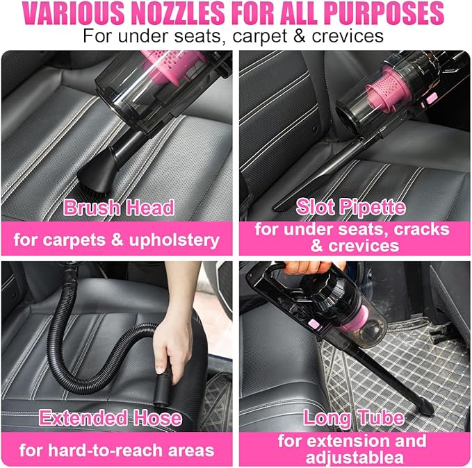 Car Vacuum Cordless Rechargeable, 8000PA High Power Handheld Vacuum Cleaner with 17PCS Car Cleaning Kit, Pink Auto Accessories for Women Gift - Image 5