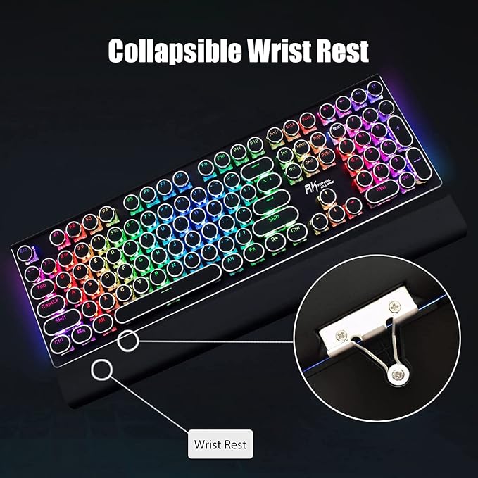RK ROYAL KLUDGE S108 Typewriter Style Mechanical Gaming Keyboard with RGB Backlit, Wired PC Game Keyboard Full Size with Detachable Wrist Rest and Number Pad, Retro Round Keycaps, Red Switches Black - Image 3