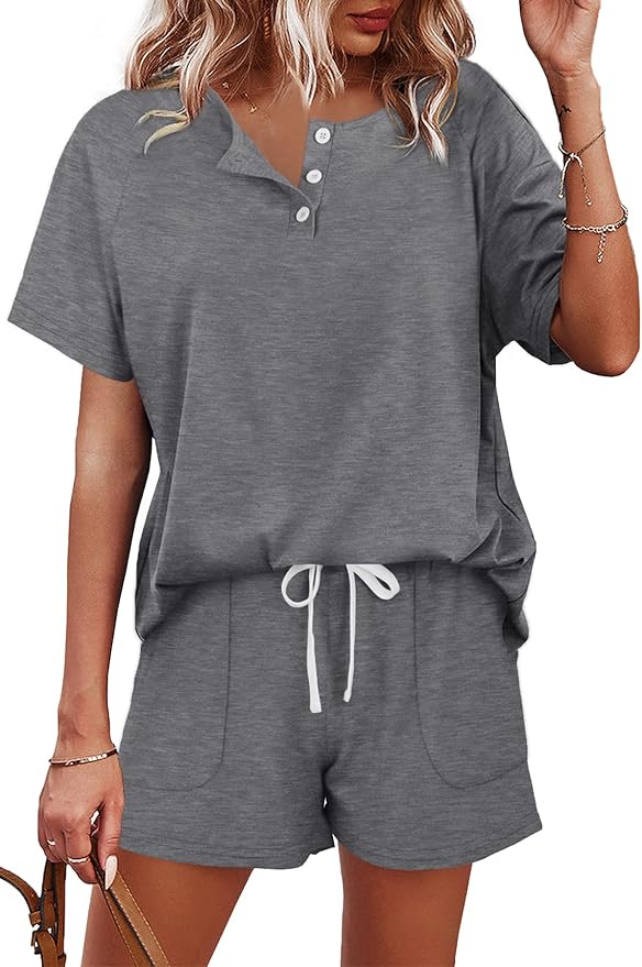 WIHOLL Two Piece Outfits for Women Lounge Sets Button Down Top and Shorts Set Sweatsuits with Pockets by WIHOLL