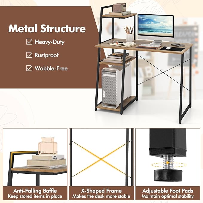 Giantex Computer Desk with Shelves, 47.5” Home Office Desk with Bookshelf, Host Stand, Metal Frame, PC Laptop Workstation, Modern Study Writing Desk for Bedroom, Small Space (Natural & Black) - Image 5