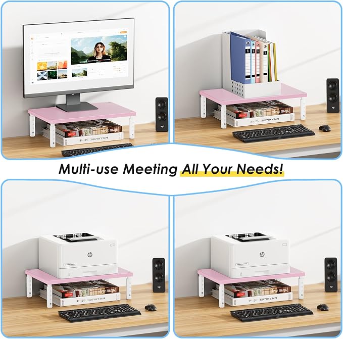 ECOLOVI 4-Height Adjustable Wood Computer Monitor Stand Riser, Desktop PC Printer Laptop Stand for Desk Organizer and Accessories, Office Desk Decor & Accessories for Women, Pink - Image 4