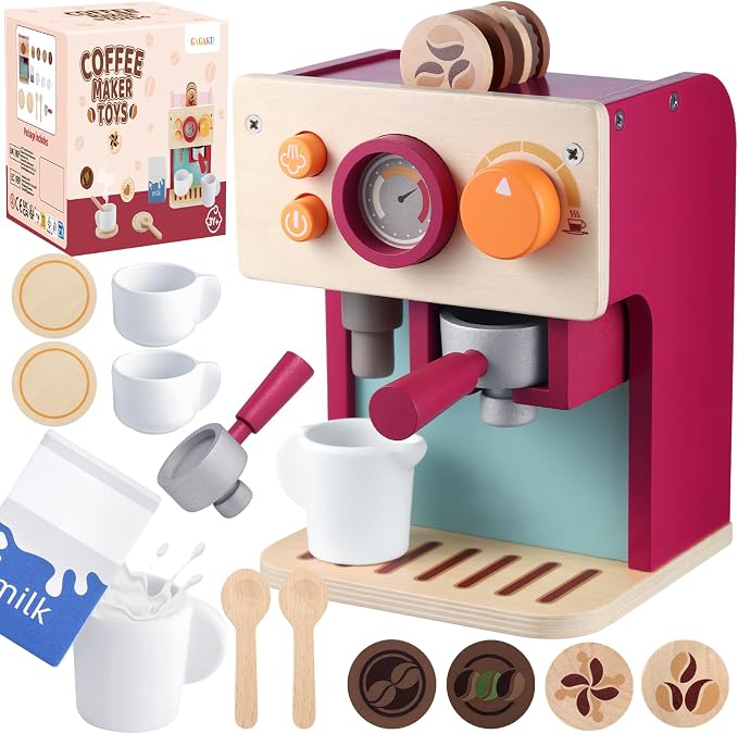 GAGAKU Wooden Coffee Machine Toy for Toddlers, Montessori Learning Toys for 3 4 5 Year Old Girls & Boys, Realistic Pretend Play Kitchen Accessories with Espresso Maker & Latte Art Set by GAGAKU