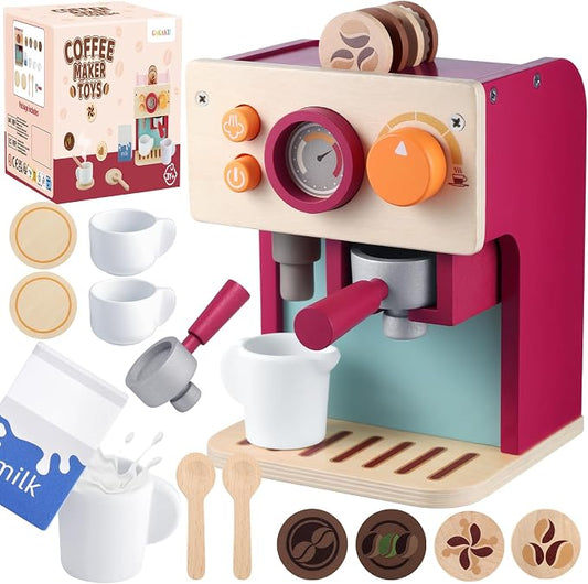 GAGAKU Wooden Coffee Machine Toy for Toddlers, Montessori Learning Toys for 3 4 5 Year Old Girls & Boys, Realistic Pretend Play Kitchen Accessories with Espresso Maker & Latte Art Set by GAGAKU