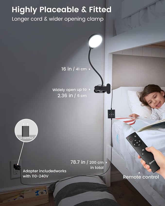 Glocusent 5W Desk Lamp with Remote, 3 Colors & 5 Brightness Reading Lights | Flexible Gooseneck Clip on Lamp, 30-Min Timer Reading Lamp, Perfect Clip on Light for Bunk,Bed,Headboard,Table,Work,Craft - Image 2