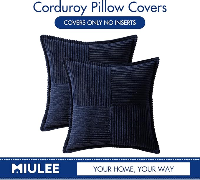 MIULEE Decorative Throw Pillow Covers for Couch Bed Livingroom 20x20 Inch Set of 2 Navy Blue Boho Accent Throw Pllows Broadside Striped Patchwork Soft Corduroy Summer Coastal Pillowcases - Image 7