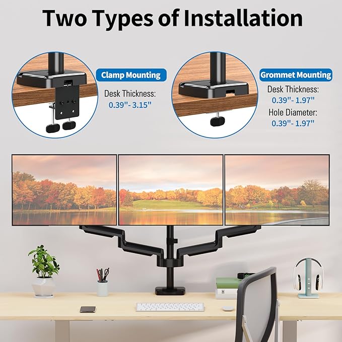 Triple Monitor Desk Mount for Computer Screens up to 32", Holds up to 19.8 lbs Each, 3 Monitor Arm, Heavy Duty Stand Vesa Mount 75x75, 100x100 - Image 4