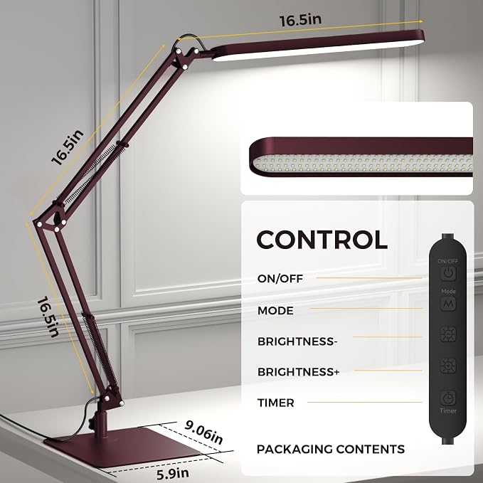 SKYLEO LED Desk Lamp with Slim Base - Adjustable Swing Arm Desk Light, Dimmable, Timer, Eye Protection, Memory Function, 1300LM, 12W, Red - Image 4