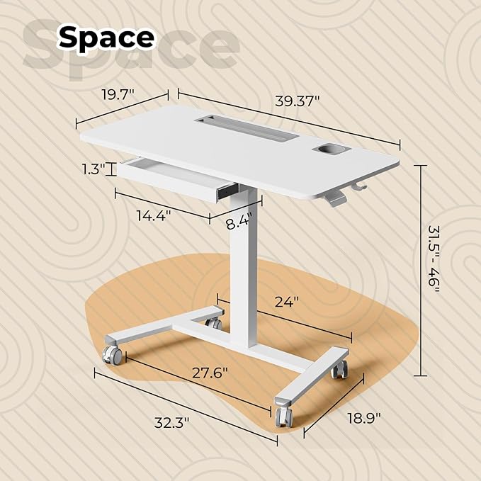 40"×20" Mobile Desk with Drawer, Rolling Desk with Storage | Height Adjustable Portable Laptop Desk on Wheels, Small Computer Desk with Cup Holder and Hooks for Study & Work, White - Image 3
