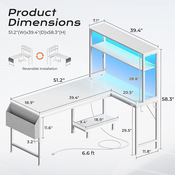 PRAISUN L Shaped Gaming Desk with LED Lights & Power Outlets, Reversible Computer Desk with Storage Shelves & Bag, Large Corner Home Office Desk with Pegboard for Work from Home, White - Image 2
