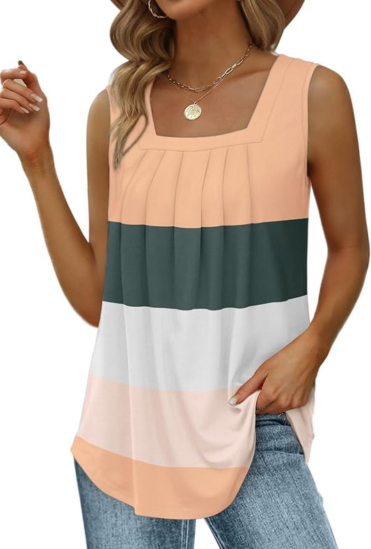 Saloogoe Summer Tank Tops for Women Loose Fit Pleated Square Neck Sleeveless Tops Curved Hem Flowy by Saloogoe