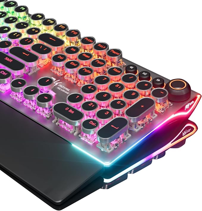 RK ROYAL KLUDGE X108 Typewriter Keyboard with Knob, Wired Mechanical Gaming Keyboard, 108 Keys RGB Backlit Sidelight, Detachable Wrist Rest, Retro Round Keycaps Blue Switches - Shadow Black by RKROYALKLUDGE
