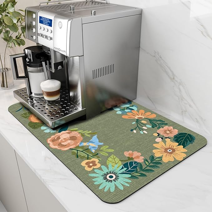 AMOAMI Coffee Mat Hide Stain Rubber Backed Absorbent Dish Drying Mat for Kitchen Counter - Fits Under Coffee Maker - Floral GREEN 12X19 by AMOAMI