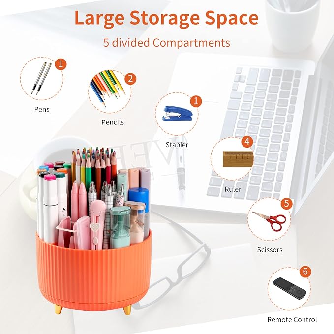 Desk Pencil Pen Holder, 5 Slots 360°Degree Rotating Pen Organizers for Desk, Desktop Storage Stationery Supplies Organizer, Cute Pencil Cup Pot for Office, School, Home, Art Supply, Orange - Image 3