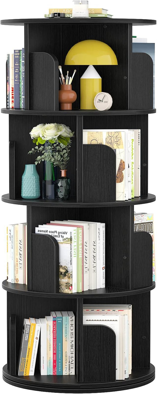 Aheaplus Rotating Bookshelf, 360 Revolving Bookshelf Tower for Small Space, 4 Tier Floor Standing Bookcase Storage Rack, Wood Narrow Book Shelf Organizer for Bedroom, Living Room, Study Room, Black by Aheaplus